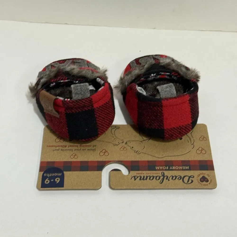 Dearfoams Unisex Kids' Slippers Baby Size 6/9 Months, Red Black Plaid NEW